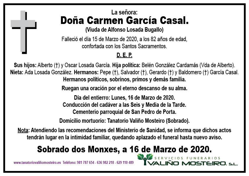Esquela de Carmen García Casal.